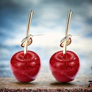Red and Gold Cherry Earrings with Golden Stem